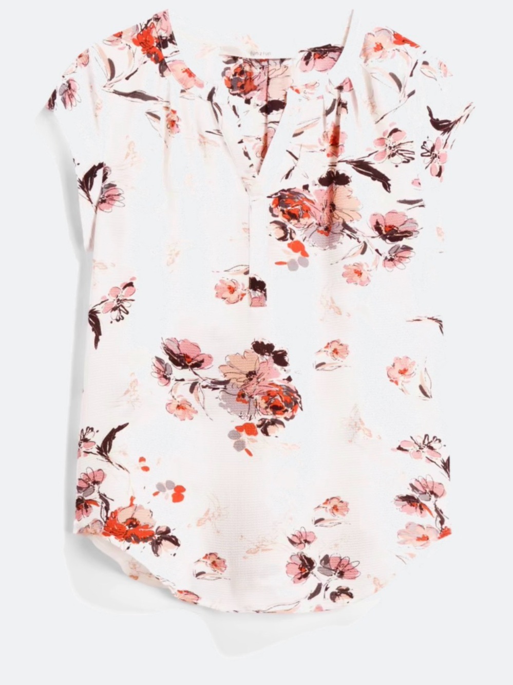fun 2 fun White Floral Cap-Sleeve Blouse with Pink & Coral Accents